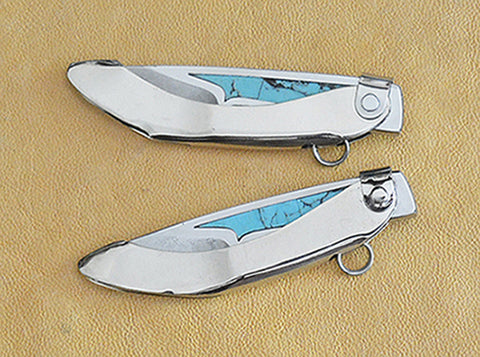 Two Boye Mini-Tweezerlock Folders with Plain Etched Blade & Turquoise Inlays.