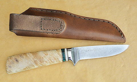 4 inch Dropped Point Hunter with 'Celtic Horse' Etching and Buckeye Burl Handle.