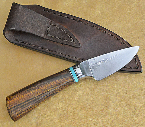 3 inch Dropped Edge Utility Knife with Plain Etched Blade and Desert Ironwood Handle.