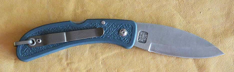 Boye Prophet Lockback Folding Pocket Knife with Plain Etched Blade and Blue Zytel Handle.