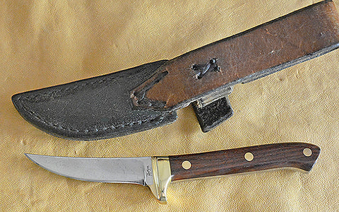 Boye-made L6 Sawblade Steel 2.75" Small Skinner with One-of-a-Kind Scroll design by Francine, circa 1973.