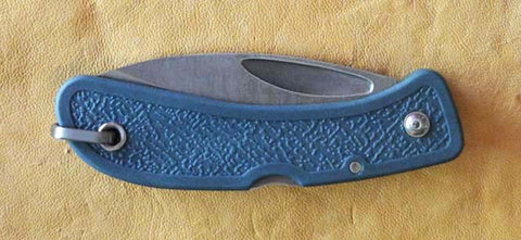 Boye Prophet Lockback Folding Pocket Knife with Plain Etched Blade and Blue Zytel Handle.