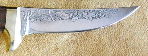 Boye-made L6 Sawblade Steel 2.75" Small Skinner with One-of-a-Kind Scroll design by Francine, circa 1973.