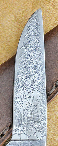 4 inch Dropped Point Hunter with 'Wapiti Elk' Etching and Stag Handle. (Copy)