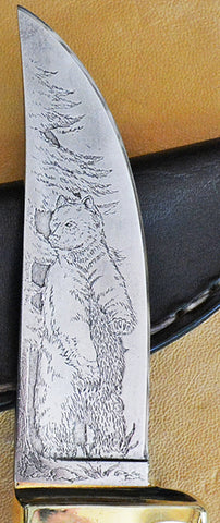 Boye-made L6 Sawblade Steel 4" Hunter/Skinner with Standing Grizzly Custom Etching, circa 1977.