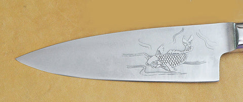 6 inch Chef's Knife Boye-made with 'Koi' Etchings~front & back~and Cocobolo Handle.