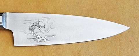 6 inch Chef's Knife Boye-made with 'Koi' Etchings~front & back~and Cocobolo Handle.