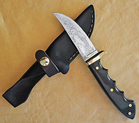 Boye-made L6 Sawblade Steel 4" Hunter/Skinner with Standing Grizzly Custom Etching, circa 1977.