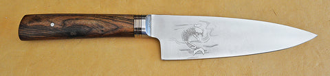 6 inch Chef's Knife Boye-made with 'Koi' Etchings~front & back~and Cocobolo Handle.