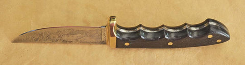 Boye-made L6 Sawblade Steel 4" Hunter/Skinner with Standing Grizzly Custom Etching, circa 1977.