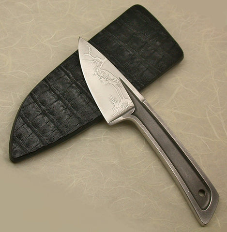 Boye Basic 2 with "Heron" Etching & Black Croc Sheath.