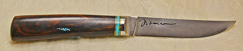 4.5 inch Kitchen Utility Knife with Plain Etched Blade and Exhibition Ironwood Handle with Turquoise Chip Inlay.