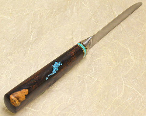 4.5 inch Kitchen Utility Knife with Plain Etched Blade and Exhibition Ironwood Handle with Turquoise Chip Inlay.