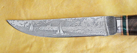 4.5 inch Kitchen Utility Knife with 'Lighthouse and Sailboats' Etching and Desert Ironwood Handle.