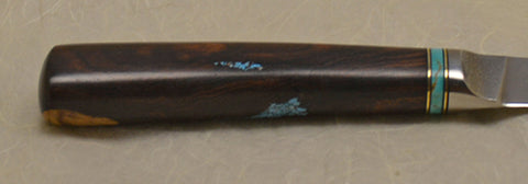 4.5 inch Kitchen Utility Knife with Plain Etched Blade and Exhibition Ironwood Handle with Turquoise Chip Inlay.