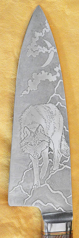 6 inch Chef's Knife with 'Wolf' Etching and Exhibition Desert Ironwood Handle.