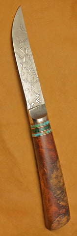 4.5 inch Kitchen Utility Knife with 'Hummingbirds' Etching and Amboyna Burl Handle.