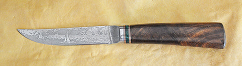 4.5 inch Kitchen Utility Knife with 'Lighthouse and Sailboats' Etching and Desert Ironwood Handle.